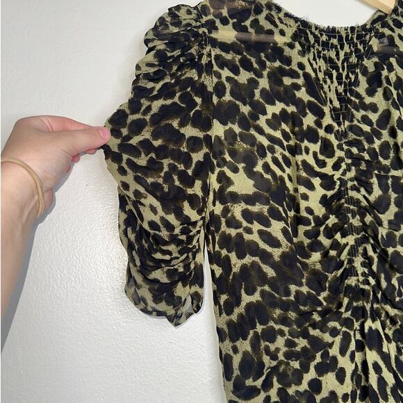 Isabel Marant Etoile Caja Leopard Print Blouse Green/Black Puff Sleeve Size US 8 - Picture 4 of 8